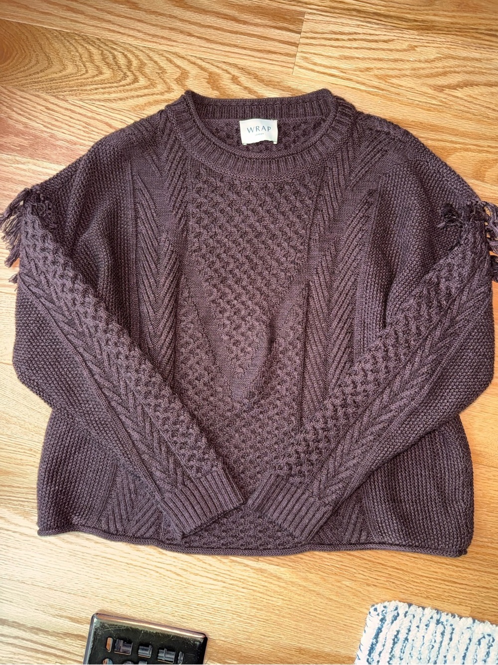 Wrap London Brown Wool Blend Textured Knit Sweater Fringe Detail Size US 8